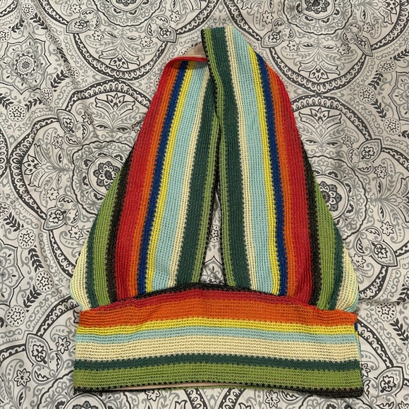 Vintage America Tops - Vintage America Multicolor Striped Crochet Crop Top - Red, Green, Blue, Yellow